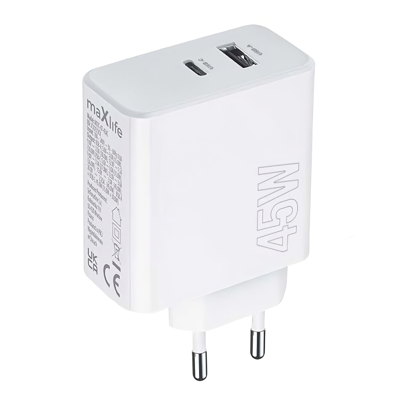 Carregador de rede MaXlife MXTC-07-45AC, 45W, 3A, 1 x USB-A - 1 x USB-C, branco