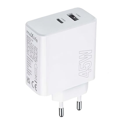 Carregador de rede MaXlife MXTC-07-45AC, 45W, 3A, 1 x USB-A - 1 x USB-C, branco