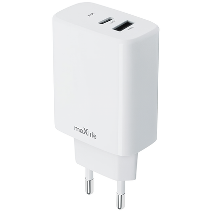 Carregador de rede MaXlife MXTC-10-20AC, 20W, 3A, 1 x USB-A - 1 x USB-C, branco 