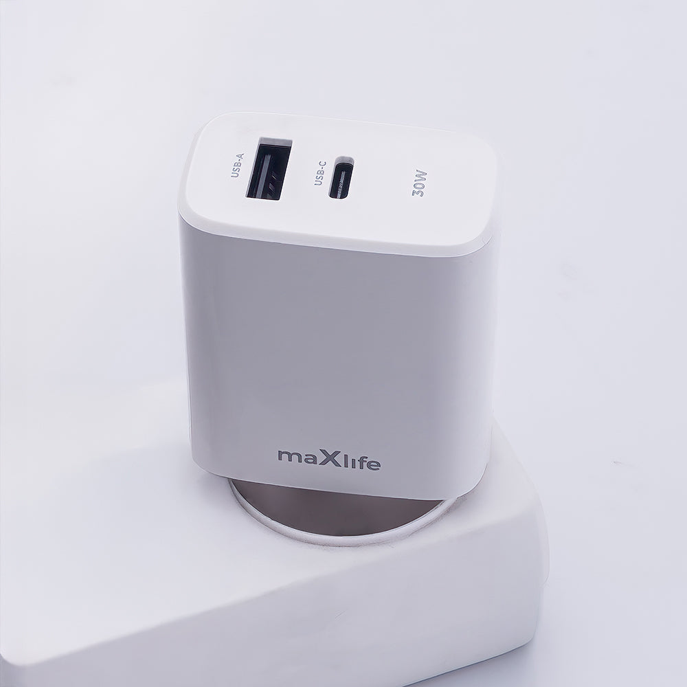 Carregador de Rede MaXlife MXTC-10-30AC, 30W, 3A, 1 x USB-A - 1 x USB-C, Branco 