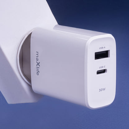 Carregador de Rede MaXlife MXTC-10-30AC, 30W, 3A, 1 x USB-A - 1 x USB-C, Branco 