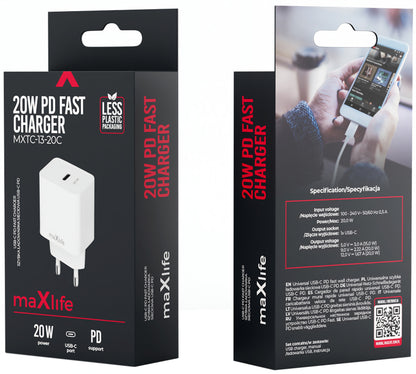 Carregador de Rede MaXlife MXTC-13-20C, 20W, 3A, 1 x USB-C, Branco