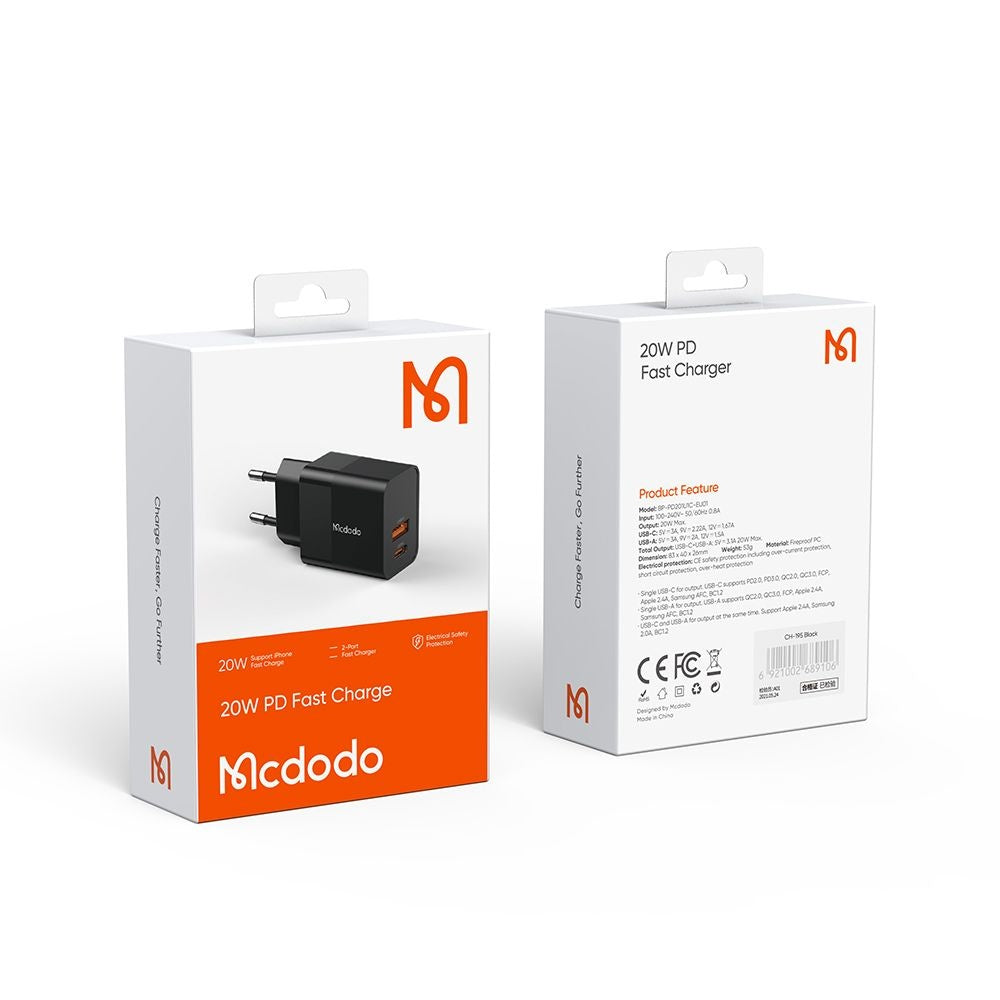 Carregador de Rede McDodo CH-1951 Hydrogen, 20W, 3A, 1 x USB-A - 1 x USB-C, Preto