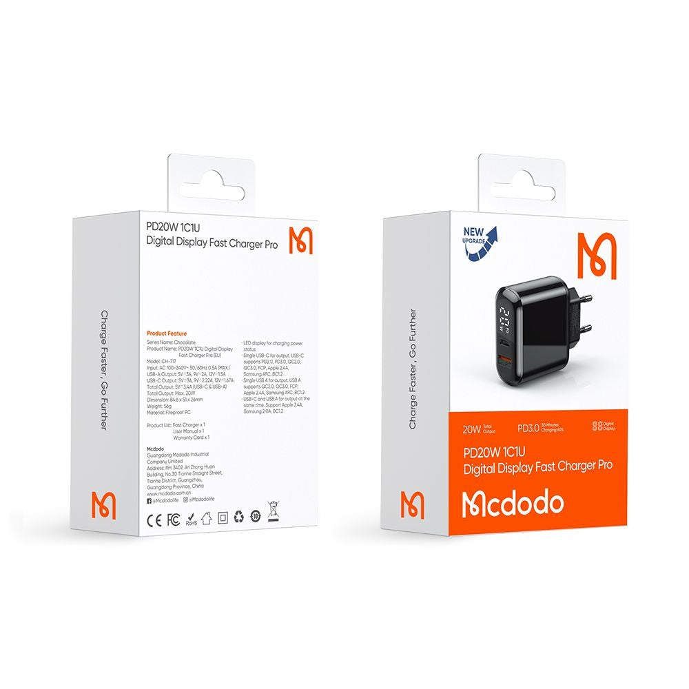 Carregador de Rede McDodo CH-7170 Chocolate Display, 20W, 3A, 1 x USB-A - 1 x USB-C, Preto