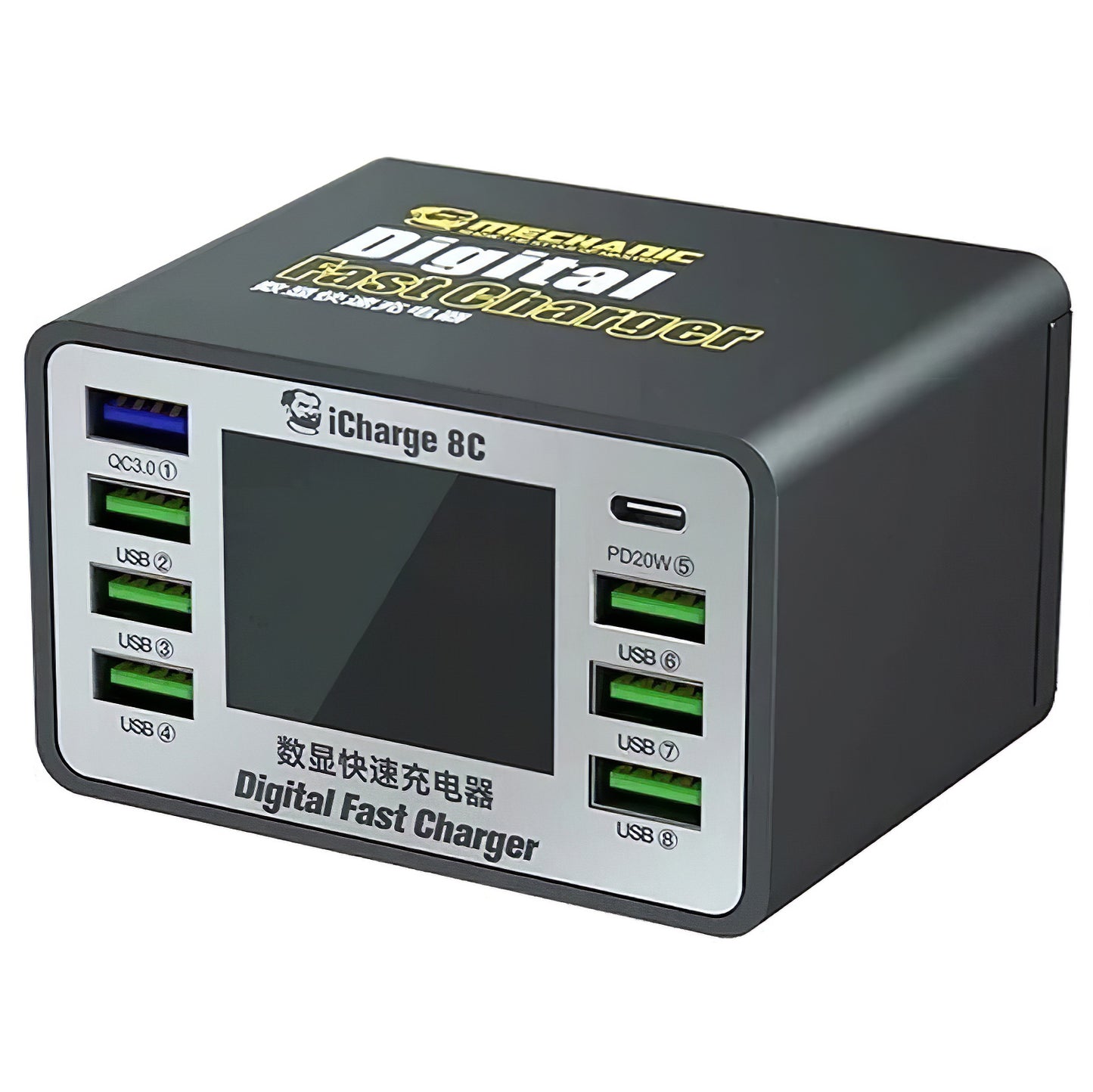 Carregador Estação Mechanic 8C com Display, 50W, 3A, 7 x USB-A - 1 x USB-C, Preto