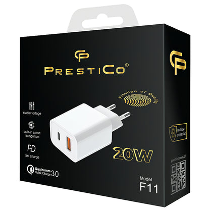 Carregador de rede Prestico F11, 20W, 3A, 1 x USB-A - 1 x USB-C, branco 