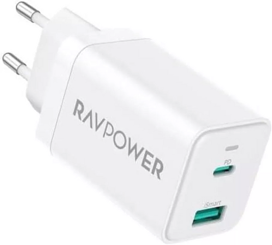 Carregador de Rede RavPower RP-PC171, 45W, 3A, 1 x USB-A - 1 x USB-C, Branco