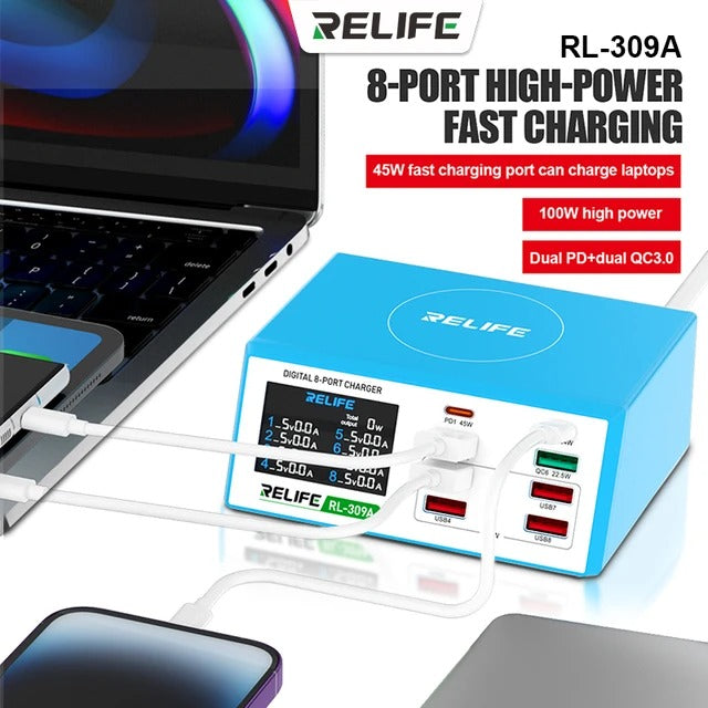 Carregador de rede Relife RL-309A, 100 W, 4,5 A, 2 x USB-C - 6 x USB-A, azul 