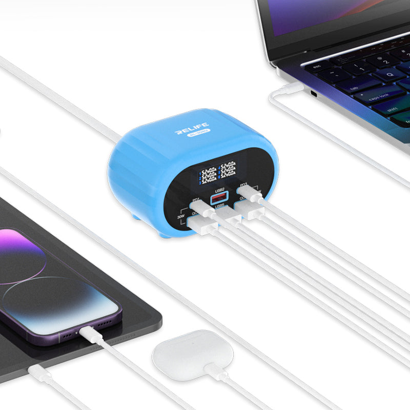 Carregador de Estação Relife RL-309U, 72W, 5A, 2 x USB-C - 4 x USB-A, Azul