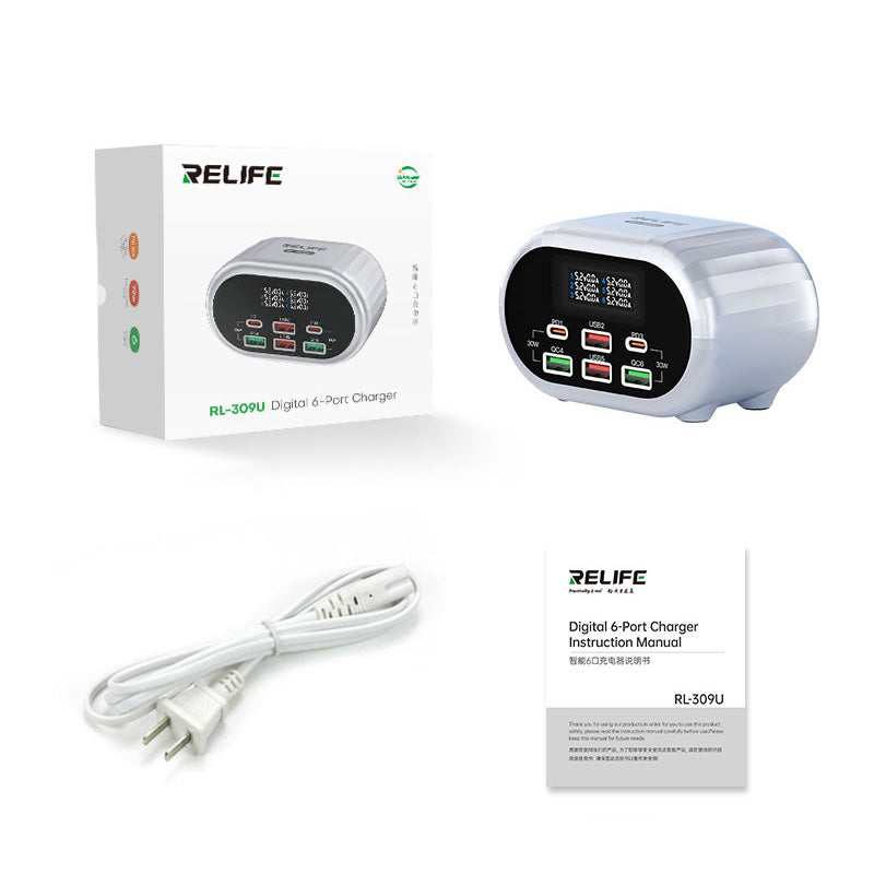 Carregador de rede Relife RL-309U, 72W, 5A, 2 x USB-C - 4 x USB-A, Prateado 