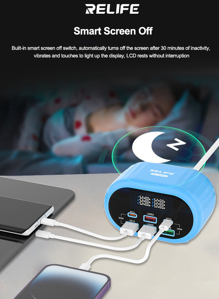 Carregador de Estação Relife RL-309U, 72W, 5A, 2 x USB-C - 4 x USB-A, Azul
