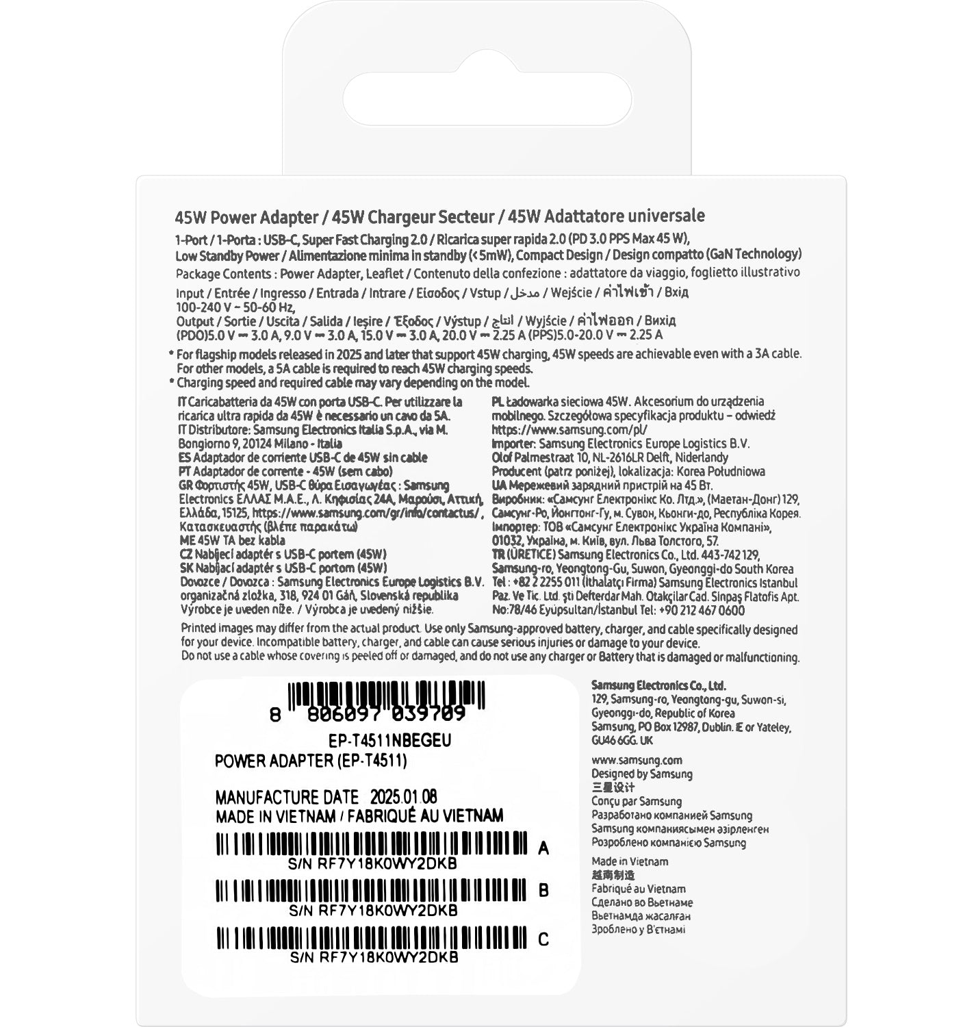 Carregador de Rede Samsung, 45W, 4.05A, 1 x USB-C, Preto EP-T4511NBEGEU