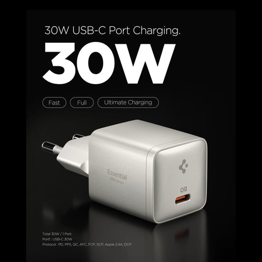 Carregador de Rede Spigen EE301EU Essential, 30W, 3A, 1 x USB-C, Cinzento Titânio ACH10448