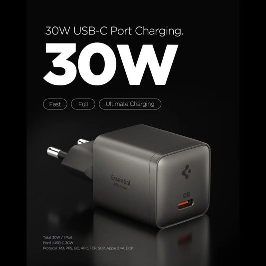 Carregador de Rede Spigen EE301EU Essential, 30W, 3A, 1 x USB-C, Cinzento ACH10447