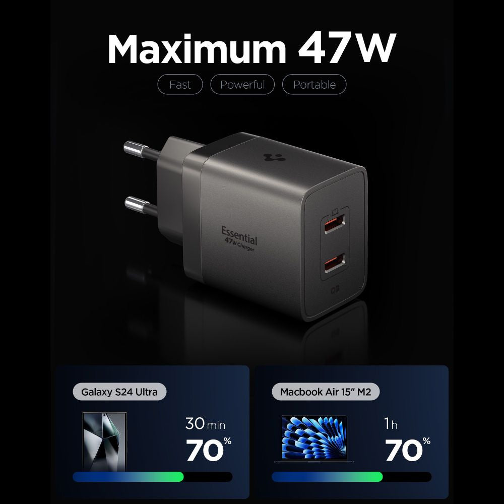 Carregador de Rede Spigen EE472EU Essential, 47W, 3A, 2 x USB-C, Cinzento ACH10450
