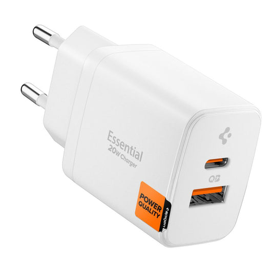 Carregador de Rede Spigen Essential, 20W, 3A, 1 x USB-A - 1 x USB-C, Branco ACH08704