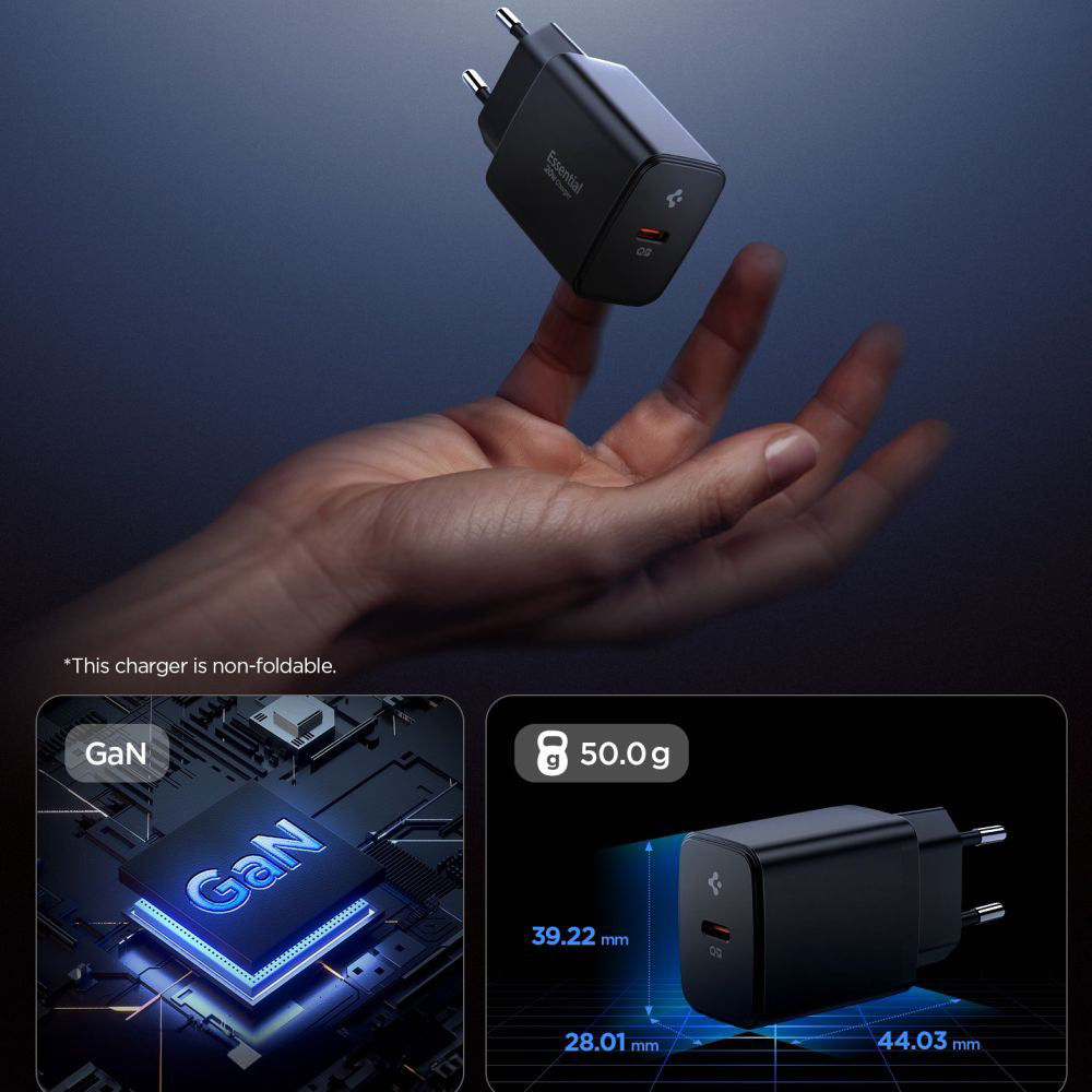 Carregador de Rede Spigen Essential, 20W, 3A, 1 x USB-C, Preto