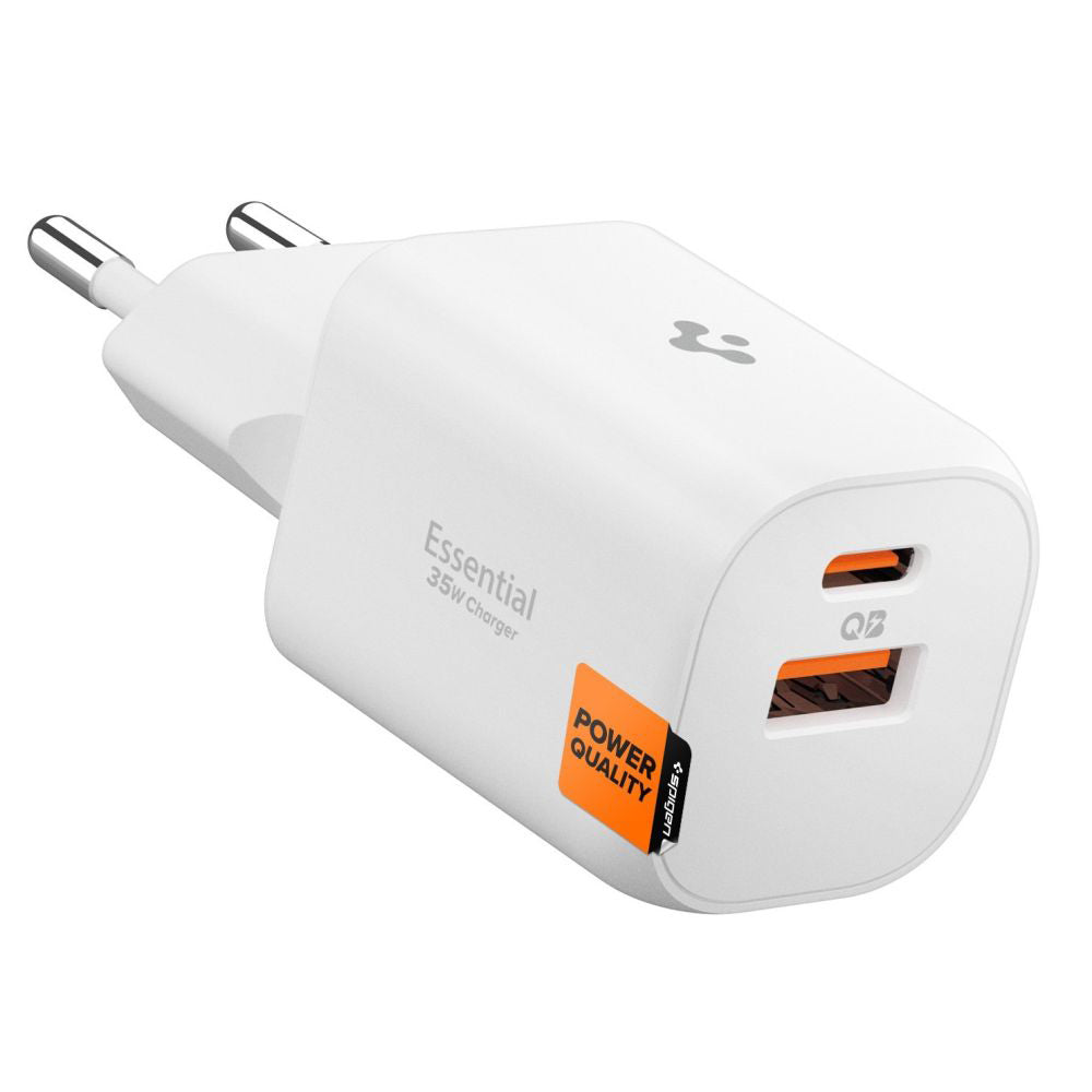 Carregador de Rede Spigen Essential, 35W, 3A, 1 x USB-A - 1 x USB-C, Branco