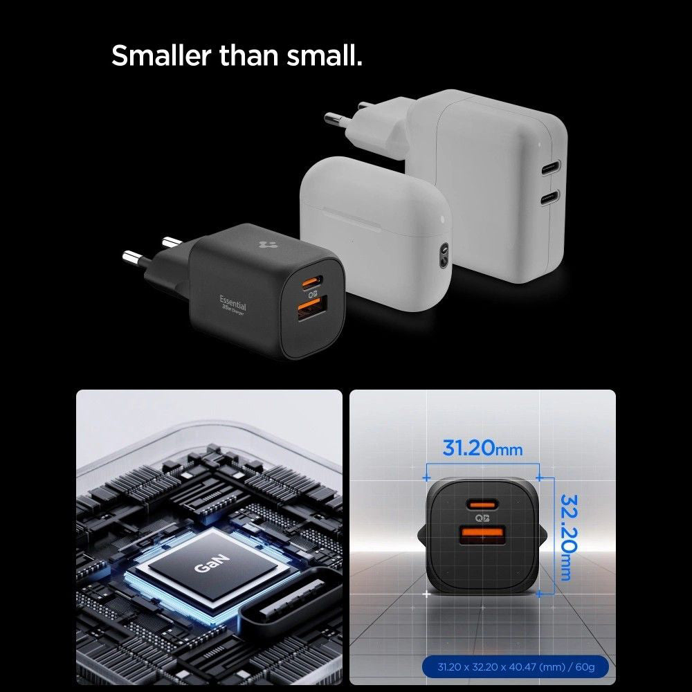 Carregador de Rede Spigen Essential, 35W, 3A, 1 x USB-A - 1 x USB-C, Branco