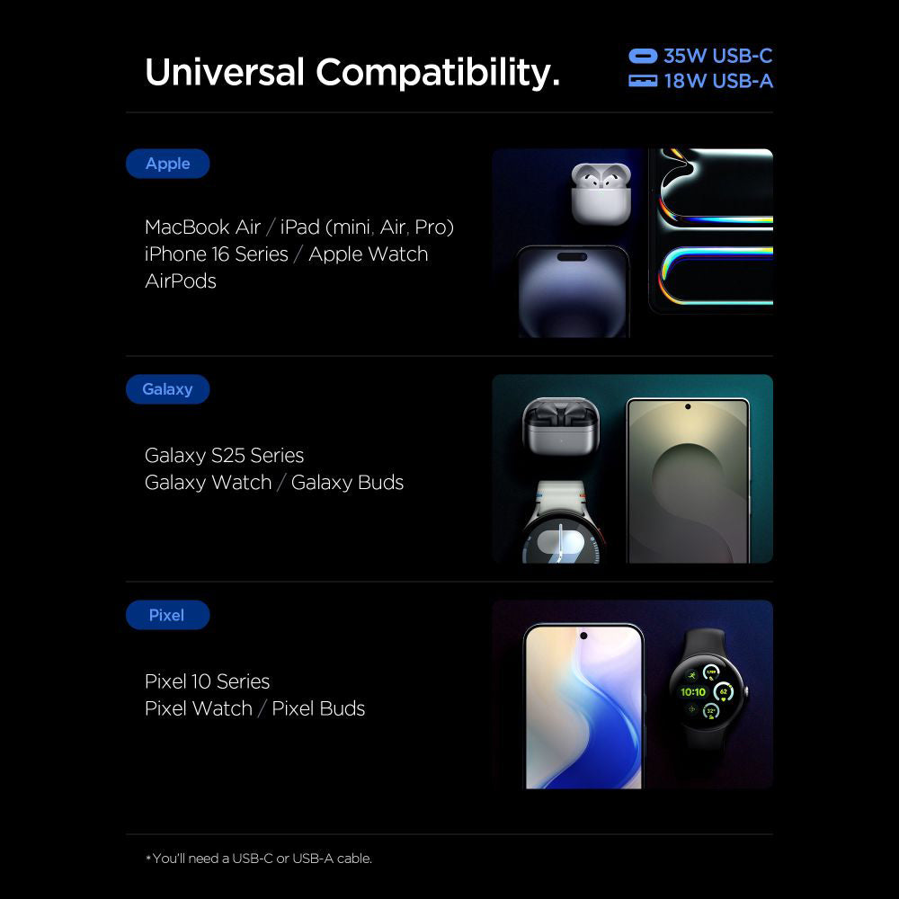 Carregador de Rede Spigen Essential, 35W, 3A, 1 x USB-A - 1 x USB-C, Preto