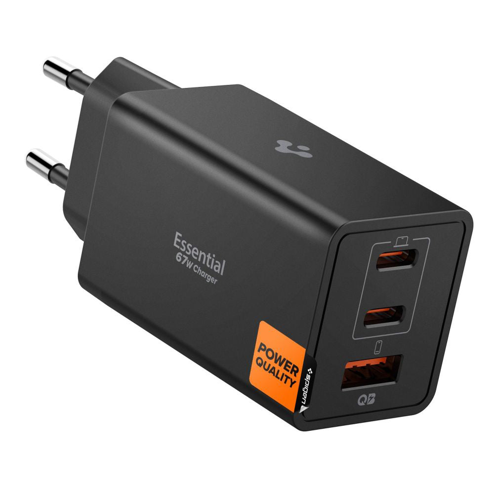 Carregador de Rede Spigen Essential, 67W, 3.25A, 1 x USB-A - 2 x USB-C, Preto