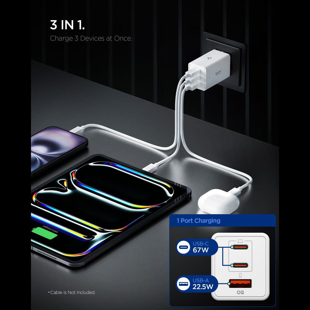 Carregador de Rede Spigen Essential, 67W, 3.25A, 1 x USB-A - 2 x USB-C, Branco ACH08710