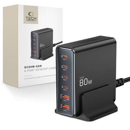 Carregador de rede Tech-Protect DC80W, 80W, 3A, 2 x USB-A - 4 x USB-C, preto 