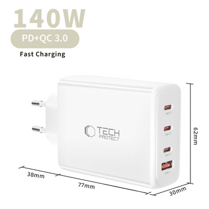Carregador de Rede Tech-Protect NC140W-GAN, 140W, 5A, 1 x USB-A - 3 x USB-C, Branco