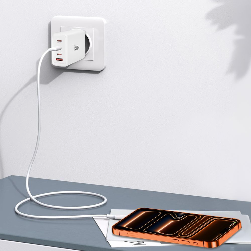 Carregador de Rede Tech-Protect NC140W-GAN, 140W, 5A, 1 x USB-A - 3 x USB-C, Branco