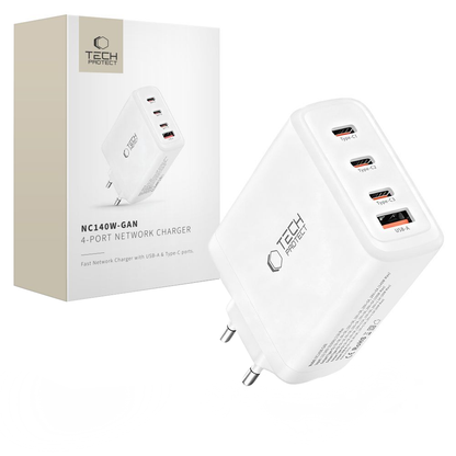 Carregador de Rede Tech-Protect NC140W-GAN, 140W, 5A, 1 x USB-A - 3 x USB-C, Branco