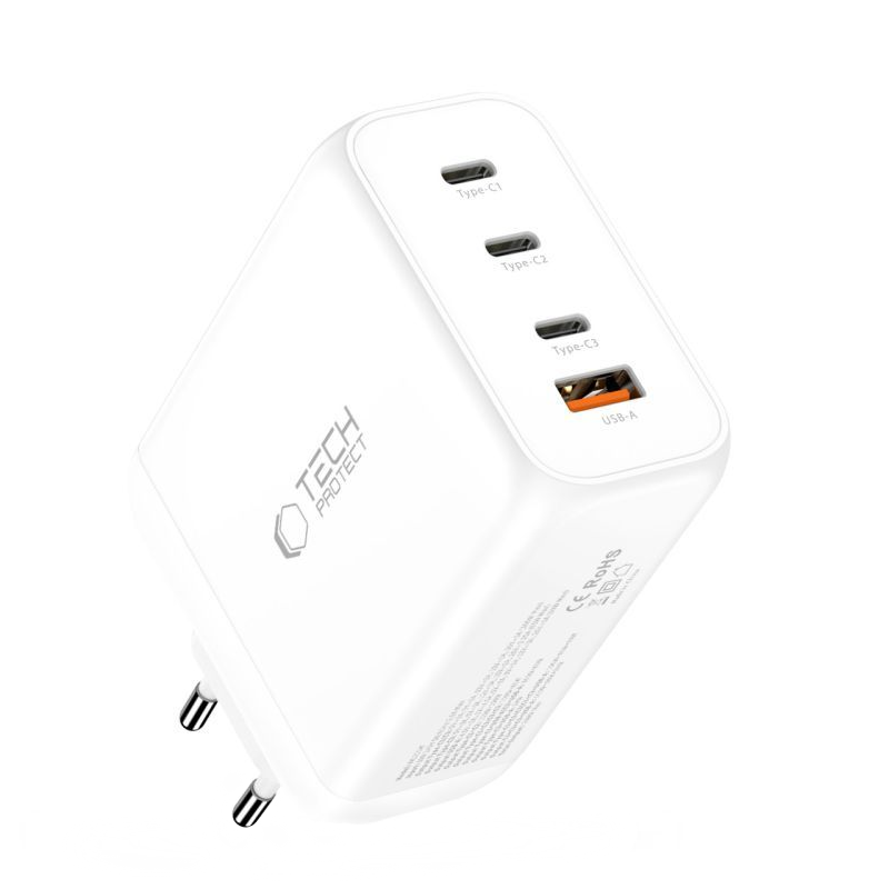 Carregador de Rede Tech-Protect NC200W-GAN, 200W, 5A, 1 x USB-A - 3 x USB-C, Branco