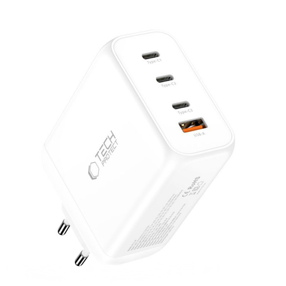 Carregador de Rede Tech-Protect NC200W-GAN, 200W, 5A, 1 x USB-A - 3 x USB-C, Branco