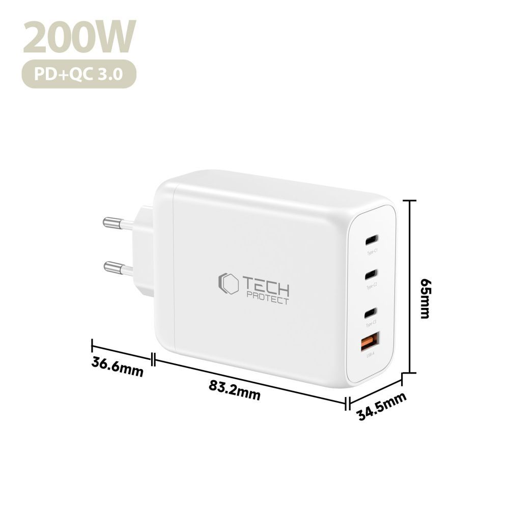 Carregador de Rede Tech-Protect NC200W-GAN, 200W, 5A, 1 x USB-A - 3 x USB-C, Branco