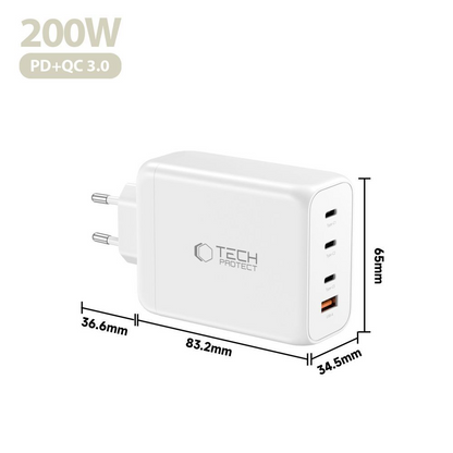 Carregador de Rede Tech-Protect NC200W-GAN, 200W, 5A, 1 x USB-A - 3 x USB-C, Branco