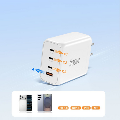 Carregador de Rede Tech-Protect NC200W-GAN, 200W, 5A, 1 x USB-A - 3 x USB-C, Branco