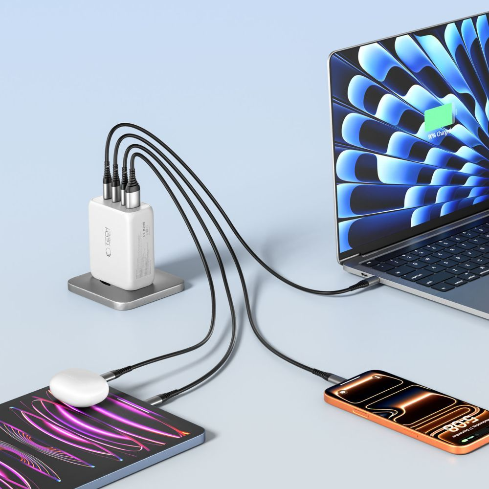 Carregador de Rede Tech-Protect NC200W-GAN, 200W, 5A, 1 x USB-A - 3 x USB-C, Branco