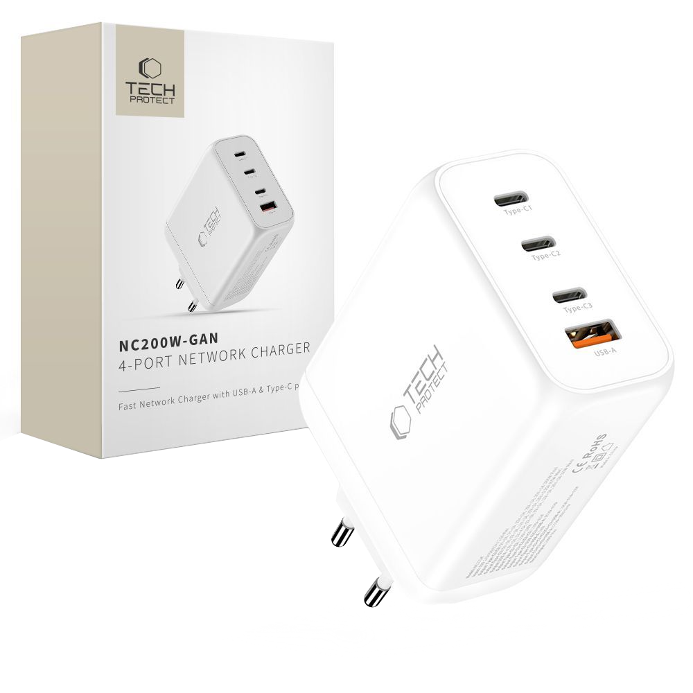 Carregador de Rede Tech-Protect NC200W-GAN, 200W, 5A, 1 x USB-A - 3 x USB-C, Branco