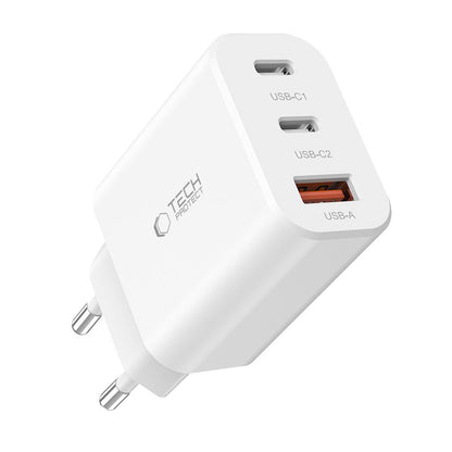 Carregador de rede Tech-Protect NC30W, 30W, 3A, 1 x USB-A - 2 x USB-C, branco 