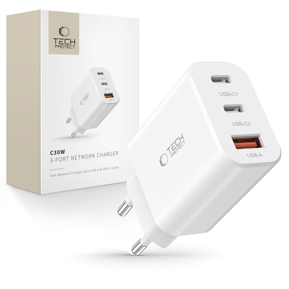 Carregador de rede Tech-Protect NC30W, 30W, 3A, 1 x USB-A - 2 x USB-C, branco 