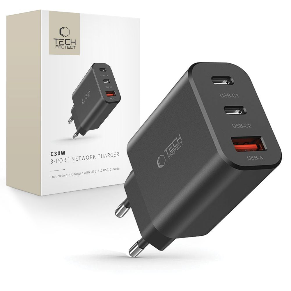 Carregador de rede Tech-Protect NC30W, 30W, 3A, 1 x USB-A - 2 x USB-C, preto 