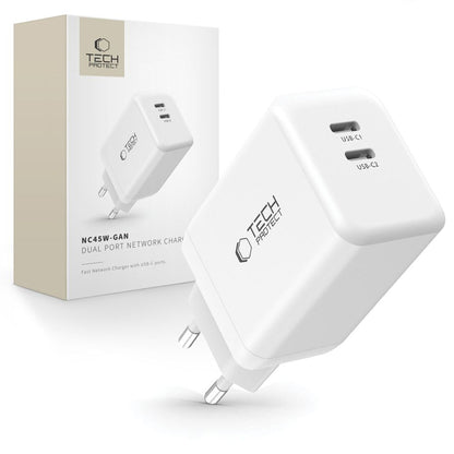 Carregador de rede Tech-Protect NC45W, 45W, 3A, 2 x USB-C, branco 