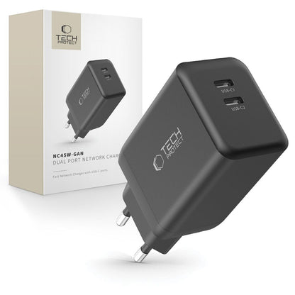 Carregador de rede Tech-Protect NC45W, 45W, 3A, 2 x USB-C, preto 