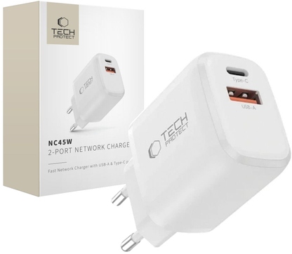 Carregador de Rede Tech-Protect NCA45W, 45W, 3A, 1 x USB-A - 1 x USB-C, Branco