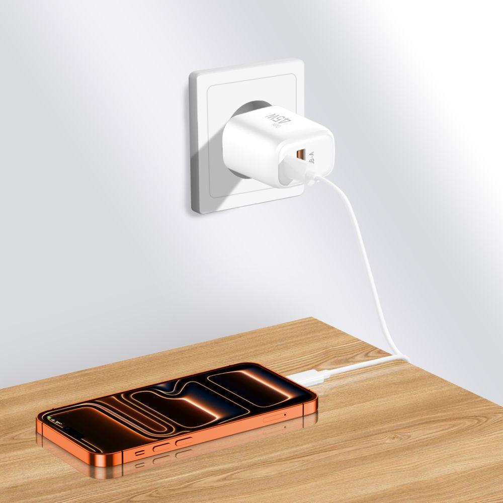 Carregador de Rede Tech-Protect NCA45W, 45W, 3A, 1 x USB-A - 1 x USB-C, Branco