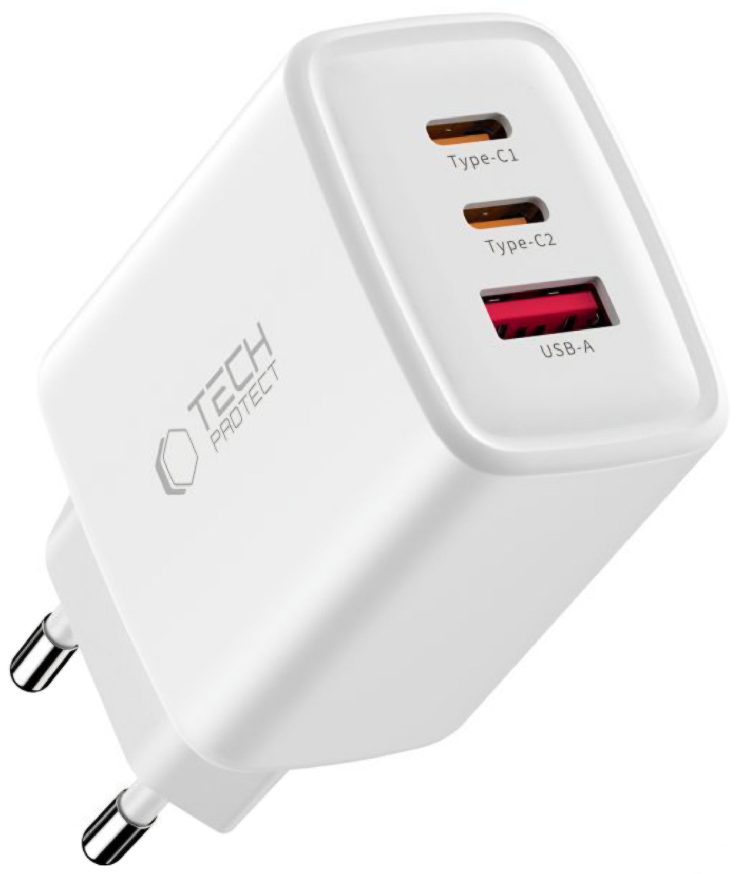 Carregador de Rede Tech-Protect NCA65W, 65W, 3A, 1 x USB-A - 2 x USB-C, Branco