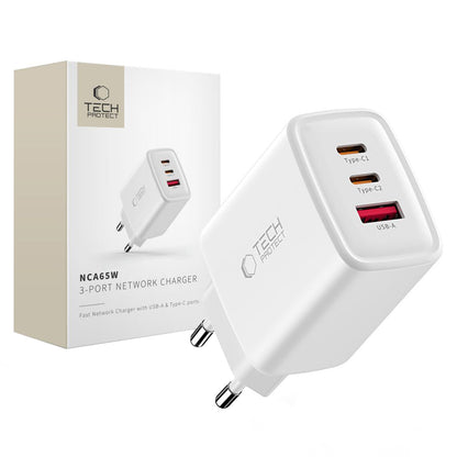 Carregador de Rede Tech-Protect NCA65W, 65W, 3A, 1 x USB-A - 2 x USB-C, Branco