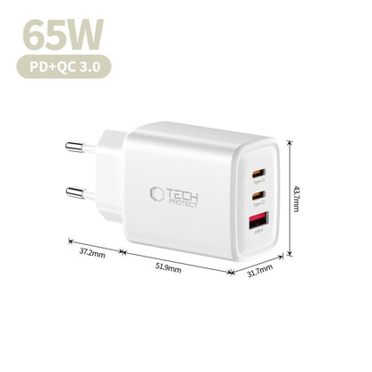 Carregador de Rede Tech-Protect NCA65W, 65W, 3A, 1 x USB-A - 2 x USB-C, Branco