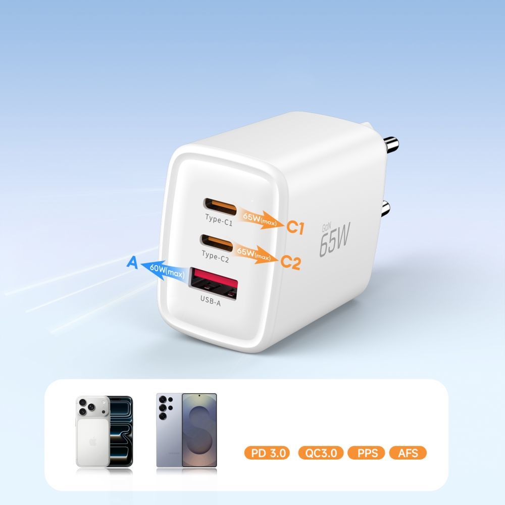 Carregador de Rede Tech-Protect NCA65W, 65W, 3A, 1 x USB-A - 2 x USB-C, Branco