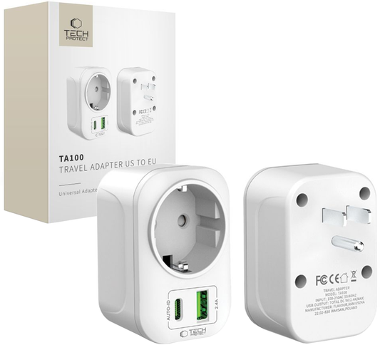 Carregador de Rede Tech-Protect TA100 Travel US, 20W, 3A, 1 x Schuko - 1 x USB-A - 1 x USB-C, Branco
