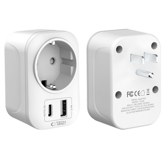 Carregador de Rede Tech-Protect TA100 Travel US, 20W, 3A, 1 x Schuko - 1 x USB-A - 1 x USB-C, Branco